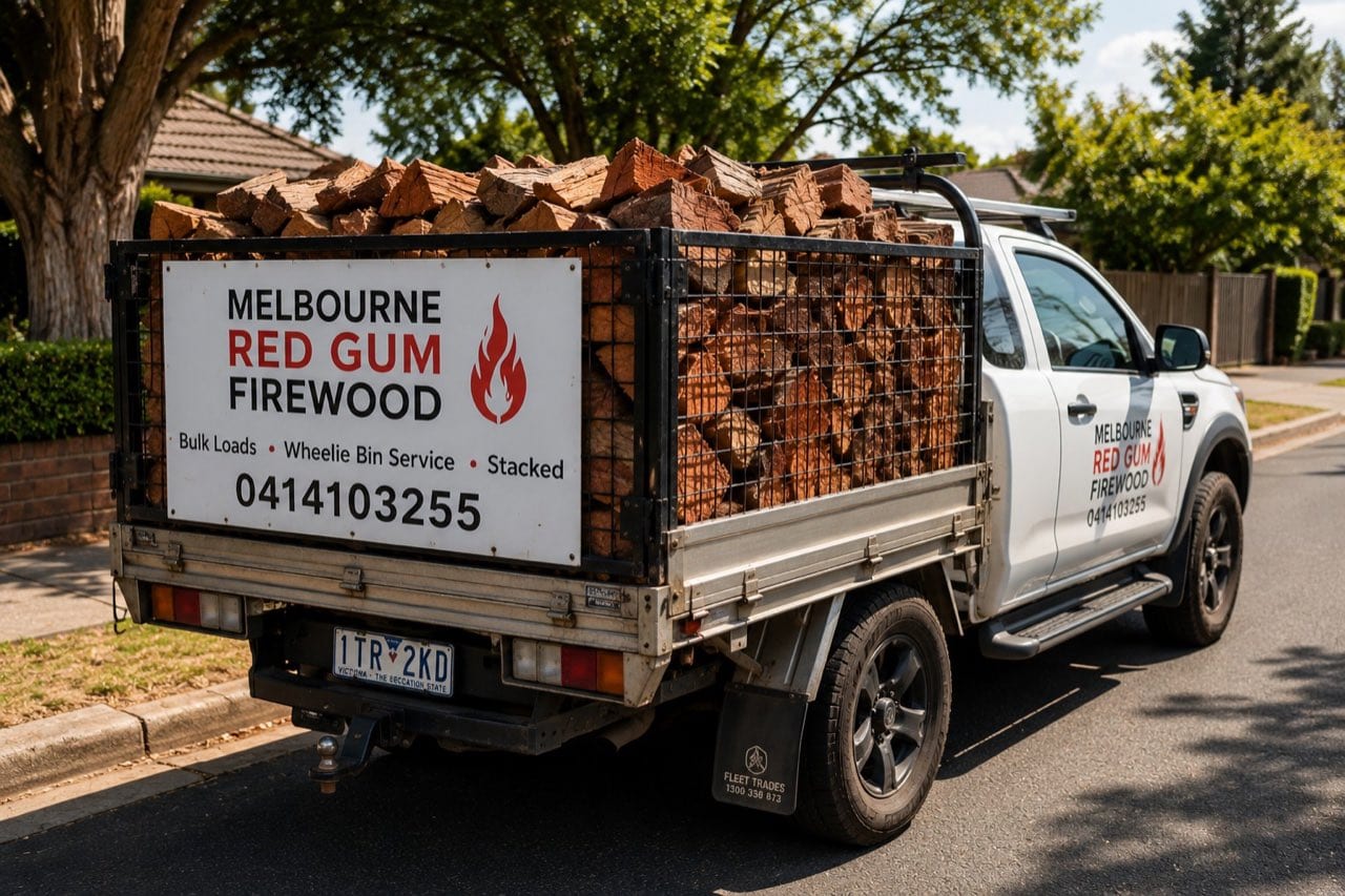 Red Firewood delivery ute loaded with seasoned red gum for a Melbourne firewood delivery