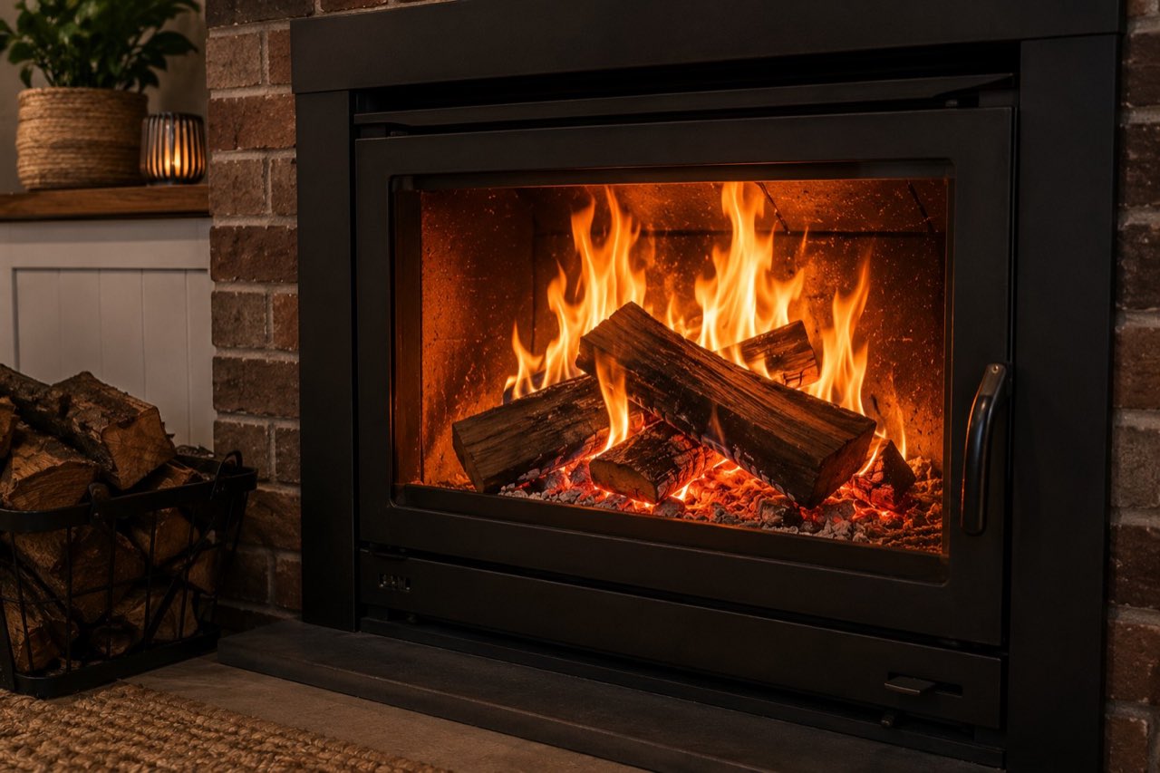 A red gum fire burning in a Melbourne home fireplace