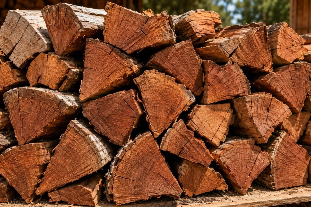 Split seasoned red gum firewood stacked, showing dense grain and dry checked ends