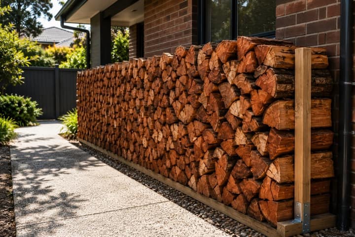 Red gum firewood delivered and neatly stacked in an inner-Melbourne driveway